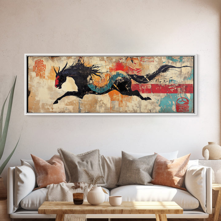 Black Dragon Horse Wall Art, Asian Fantasy Canvas Print, Japanese Decor, Mythical Creature Art, Bold Wall Decor, Gift For Him