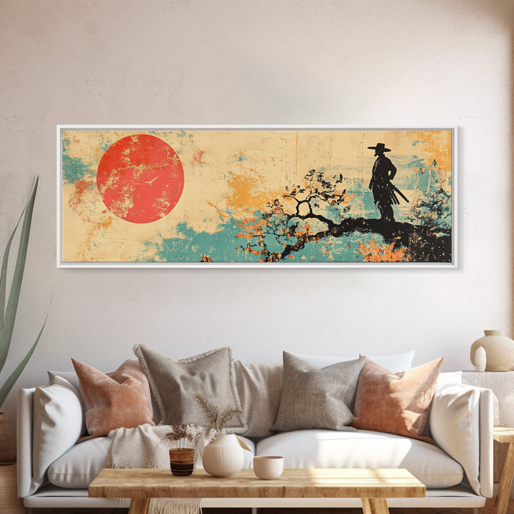 Samurai At Red Sun Wall Art, Japanese Warrior Silhouette Canvas, Asian Inspired Decor, Long Horizontal Zen Landscape Print