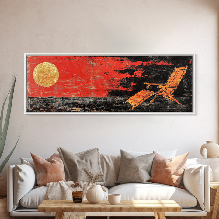 Red Sunset Beach Chair Wall Art, Coastal Lounge Canvas Print, Tropical Home Decor, Summer Ocean Poster For Living Room Decor