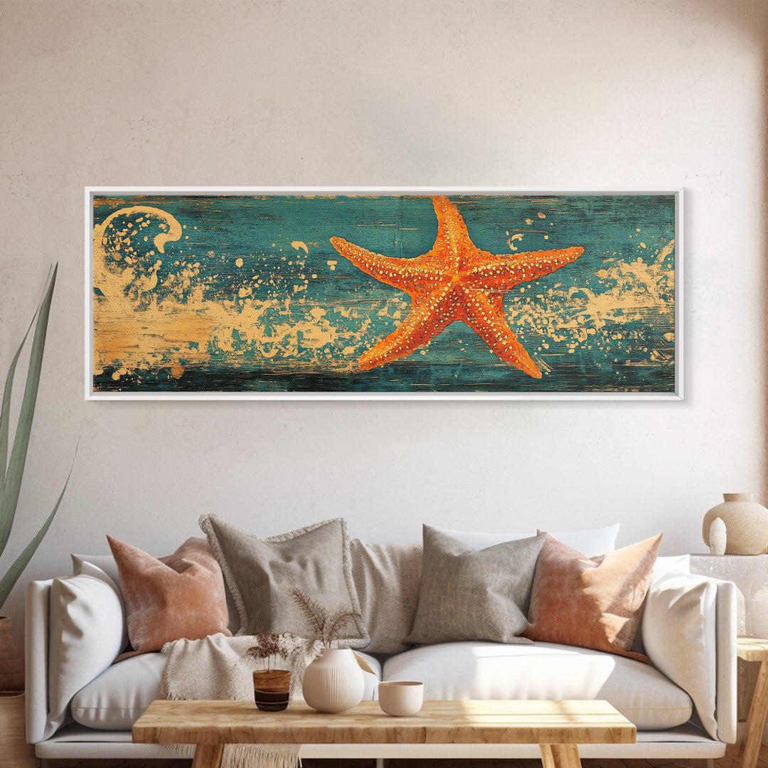 Orange Starfish Wave Wall Art, Coastal Beach Canvas Print, Nautical Bathroom Decor, Tropical Ocean Art For Beach House Decor