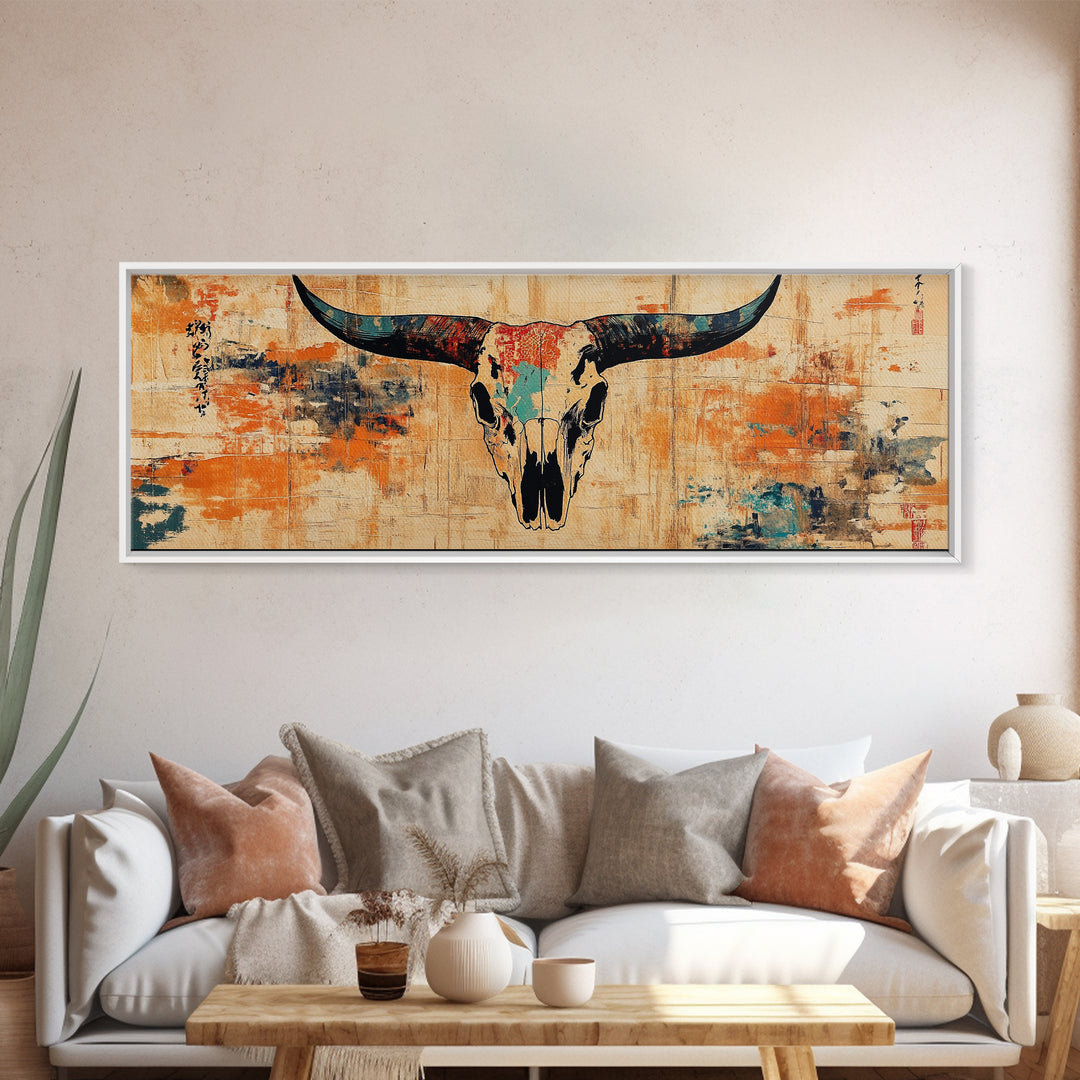 Longhorn Skull Wall Art, Western Rustic Canvas Print, Southwestern Cowboy Decor, Earth Tone Ranch Style Living Room Art Print
