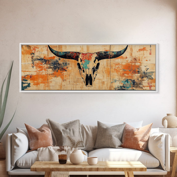 Longhorn Skull Wall Art, Western Rustic Canvas Print, Southwestern Cowboy Decor, Earth Tone Ranch Style Living Room Art Print