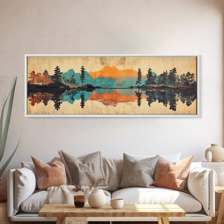 Mountain Lake Reflection Wall Art, Rustic Landscape Canvas Print, Cabin Home Decor, Panoramic Nature Art For Living Room