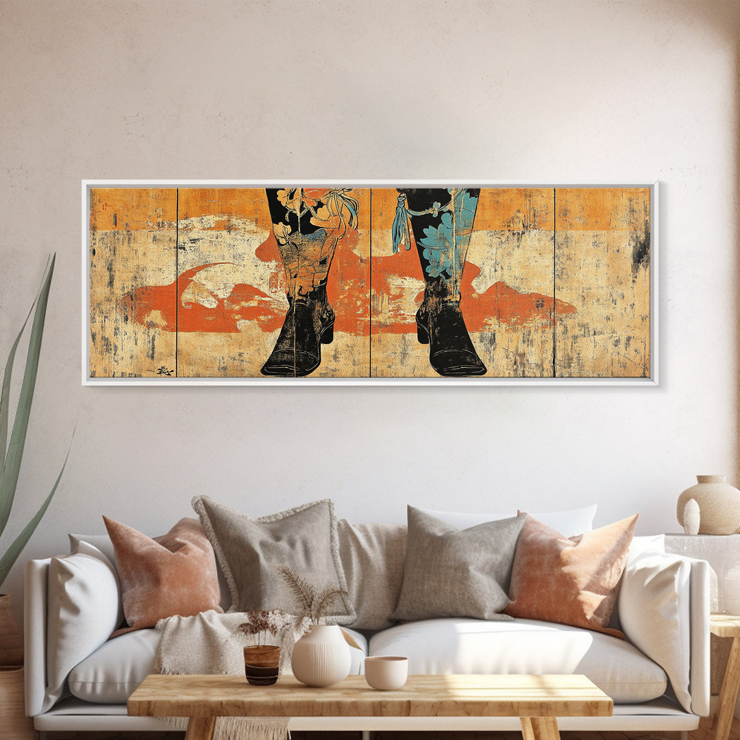 Cowboy Boots And Hat Wall Art, Western Cowgirl Canvas Print, Rustic Ranch Home Decor, Long Horizontal Bedroom Wall Decor