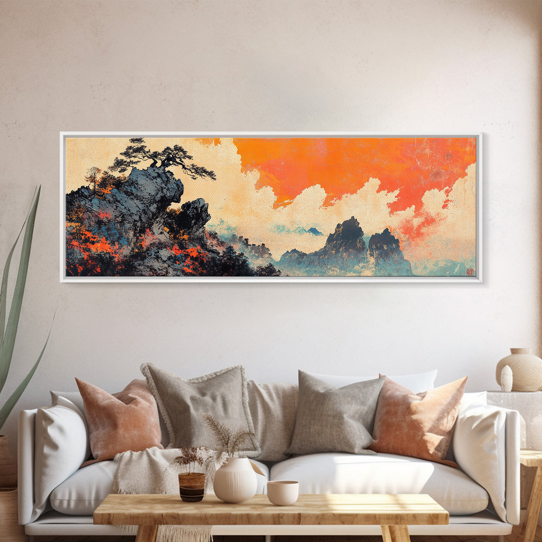 Misty Asian Mountains Wall Art, Orange Sky Landscape Canvas Print, Japanese Zen Home Decor, Dramatic Nature Poster For Living Room