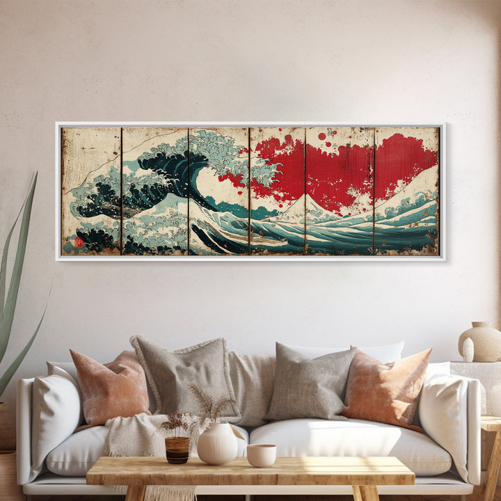 Great Wave Red Sun Wall Art, Japanese Ocean Canvas Print, Coastal Seascape Decor, Panoramic Wave Art Poster For Living Room