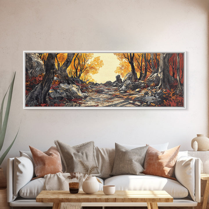 Autumn Forest Path Wall Art, Rustic Landscape Print, Long Horizontal Canvas, Cozy Cabin Decor, Warm Nature Art For Living Room