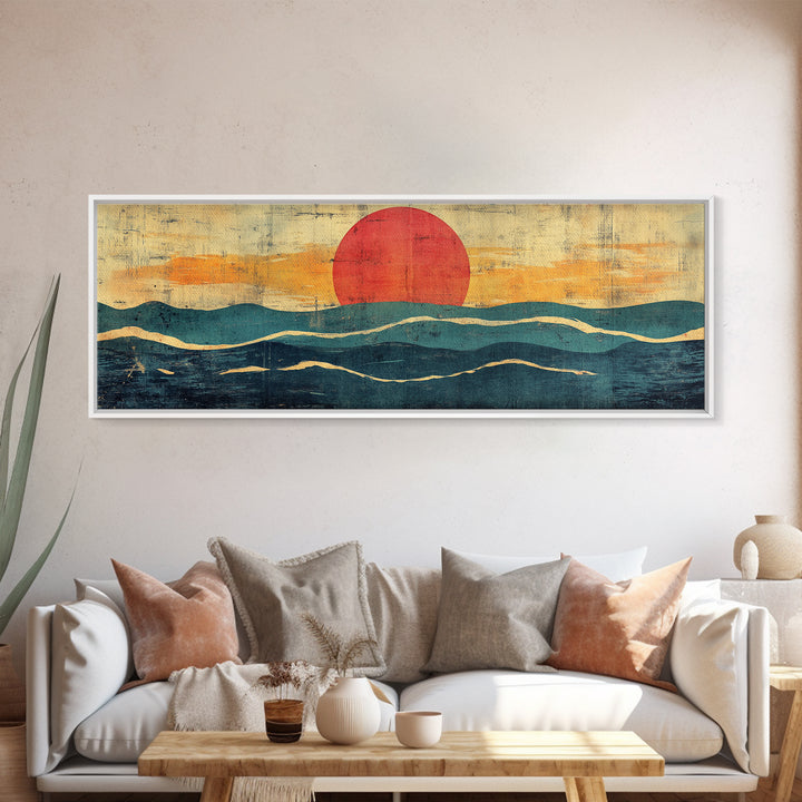Abstract Ocean Waves Wall Art, Mid Century Coastal Print, Red Sun Seascape, Retro Minimalist Decor For Modern Living Room