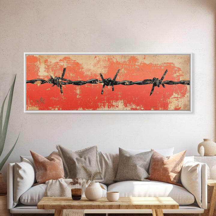 Barbed Wire Fence Wall Art, Western Rustic Print, Industrial Farmhouse Decor, Orange Grunge Canvas For Man Cave Or Office