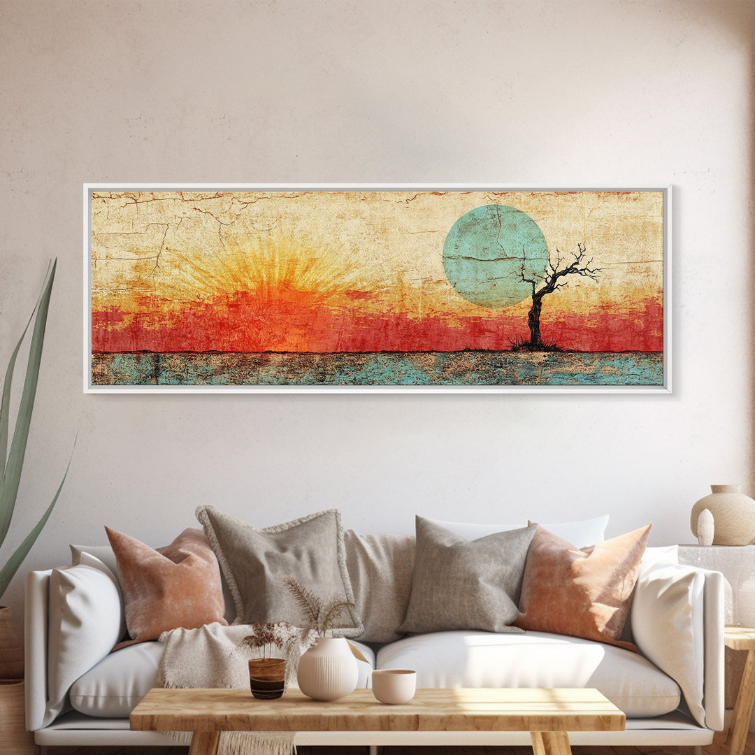 Lone Tree Sunrise Wall Art, Abstract Desert Landscape Print, Mid Century Wabi Sabi Decor, Warm Minimalist Canvas For Living Room
