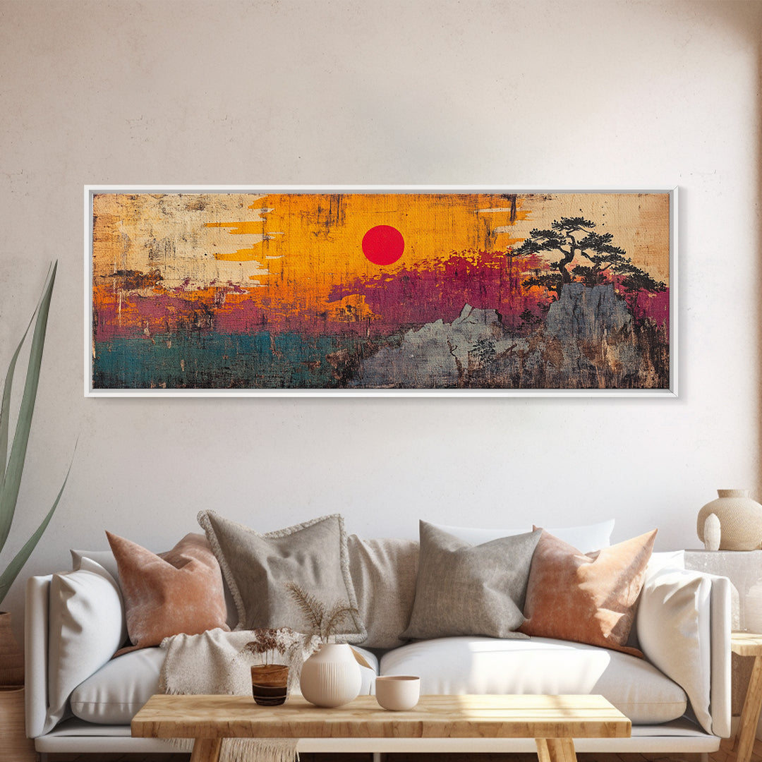 Abstract Mountain Sunset Canvas Print, Japanese Inspired Landscape Wall Art, Bold Orange Teal Decor, Modern Rustic Living Room Print