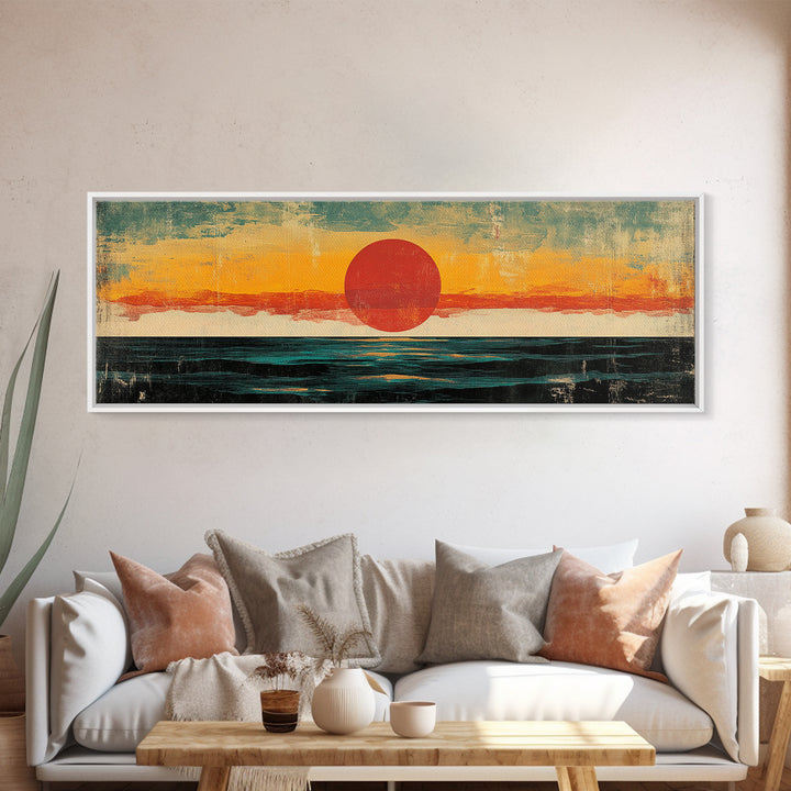 Minimalist Red Sun Ocean Wall Art, Abstract Coastal Landscape Print, Mid Century Modern Decor, Long Horizontal Canvas For Bedroom