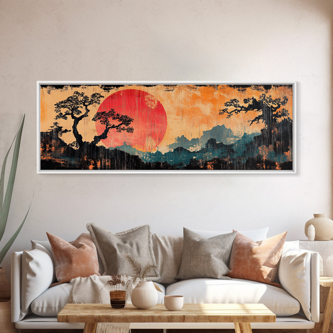 Crimson Sun Behind Misty Mountains Wall Art, Japanese Landscape Canvas Print, Pine Forest Decor, Panoramic Living Room Art