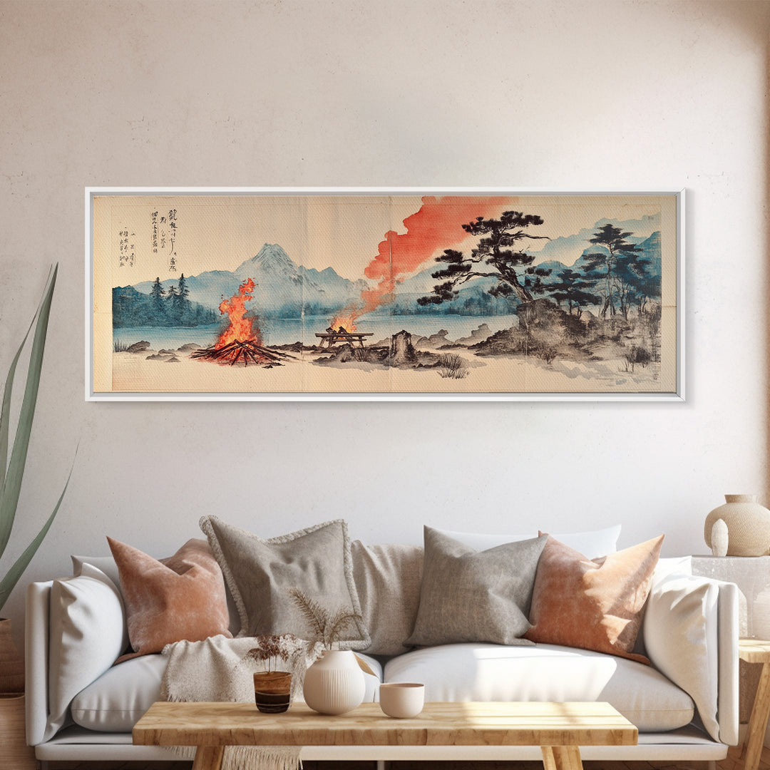 Mountain Campfire By Quiet Lake Wall Art, Japanese Landscape Canvas Print, Zen Nature Decor, Rustic Cabin Home Office Art