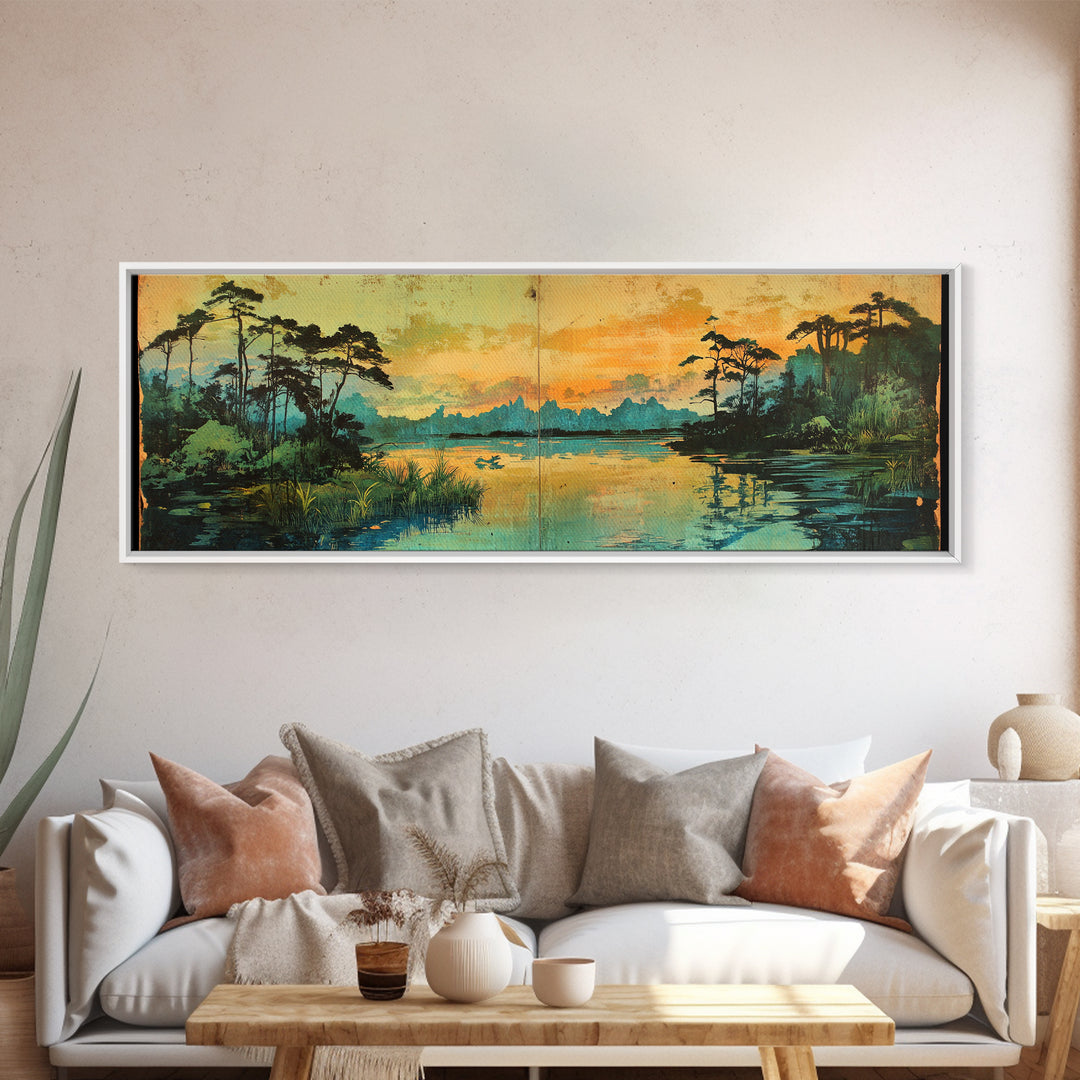 Golden Marsh At Sunset Wall Art, Cypress Lake Landscape Canvas Print, Moody Nature Decor, Large Panoramic Living Room Art