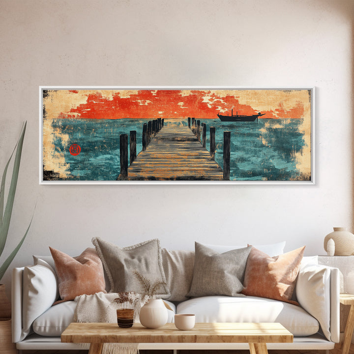 Weathered Pier And Red Sky Wall Art, Japanese Coastal Canvas Print, Ocean Sunset Decor, Large Horizontal Nautical Living Room Art