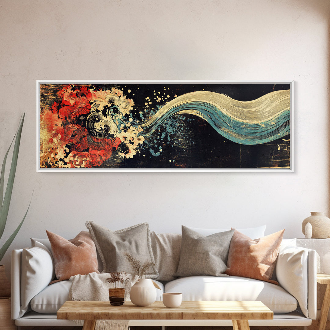 Abstract Red Wave And Flowing Tide Wall Art, Japanese Ocean Canvas Print, Koi Inspired Decor, Contemporary Large Wall Art