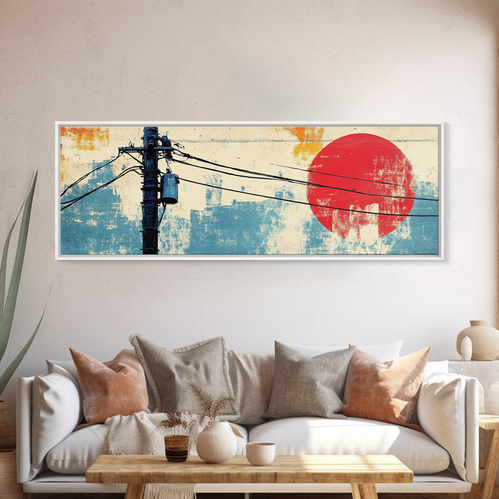 Weathered Utility Pole With Red Sun Canvas Print, Japanese Wall Art, Urban Industrial Decor, Long Horizontal Living Room Art