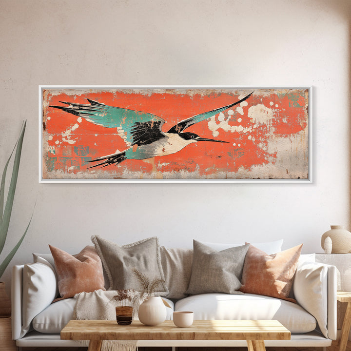 Graceful Teal Crane In Flight Wall Art, Japanese Bird Print, Coastal Wildlife Decor, Long Horizontal Canvas For Living Room