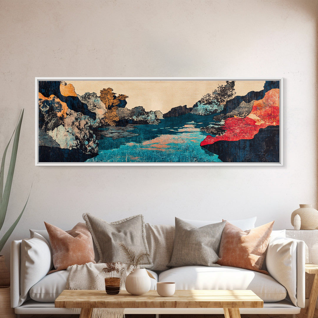 Turquoise River Canyon With Red Cliffs Canvas Print, Japanese Landscape Wall Art, Moody Nature Decor For Living Room And Office