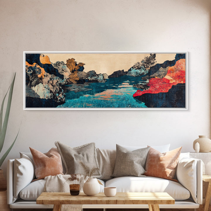 Turquoise River Canyon With Red Cliffs Canvas Print, Japanese Landscape Wall Art, Moody Nature Decor For Living Room And Office