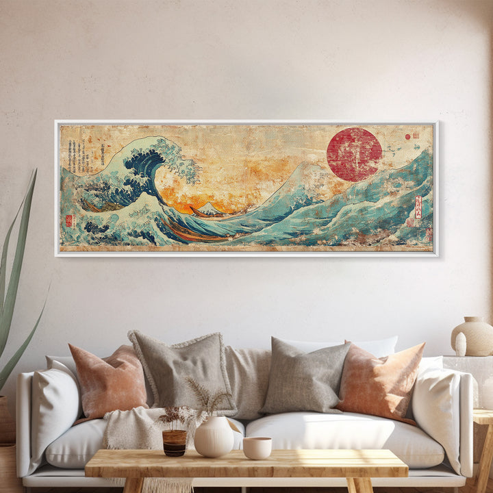 Cresting Blue Wave And Red Sun Framed Canvas Print, Japanese Seascape Wall Art, Coastal Decor For Living Room And Bedroom