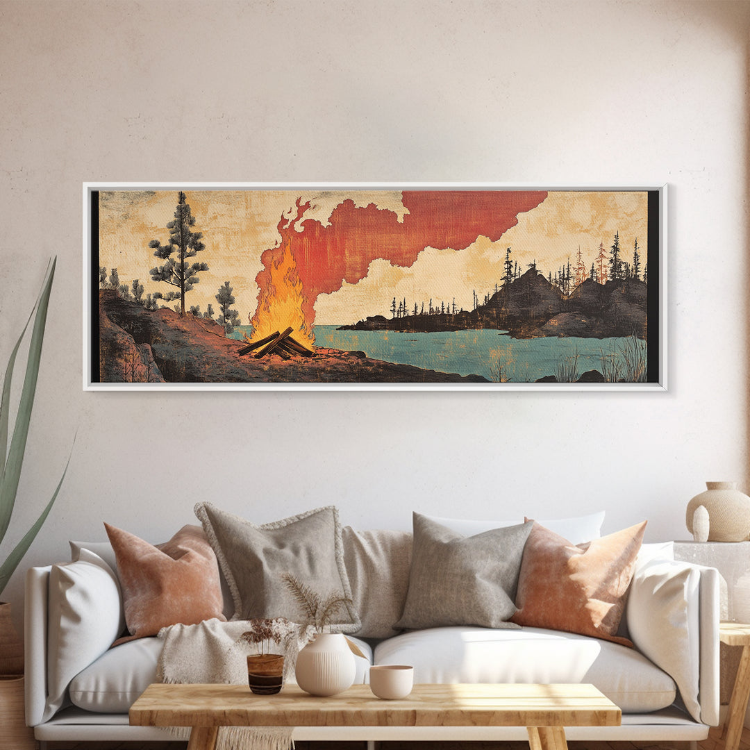 Lakeside Campfire With Red Smoke Canvas Print, Rustic Japanese Landscape Wall Art, Cabin Decor For Living Room And Office