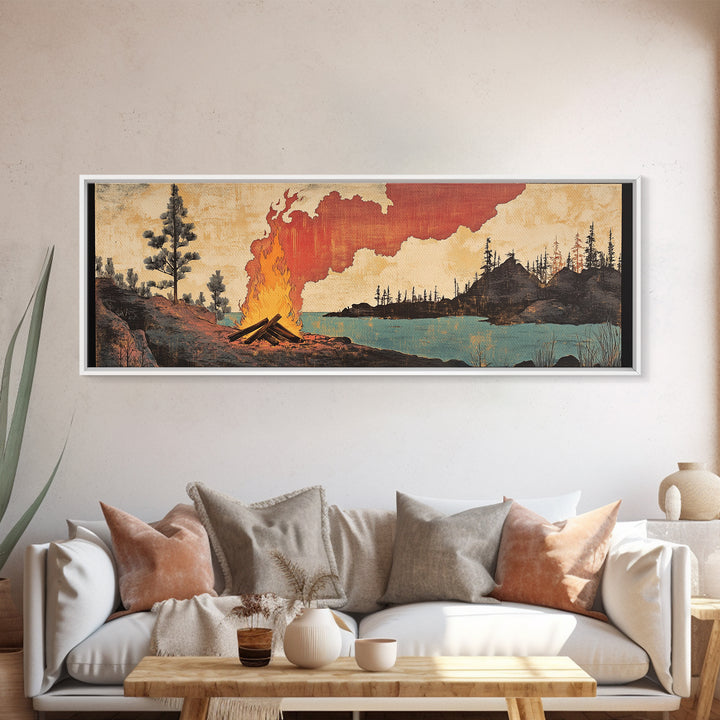 Lakeside Campfire With Red Smoke Canvas Print, Rustic Japanese Landscape Wall Art, Cabin Decor For Living Room And Office