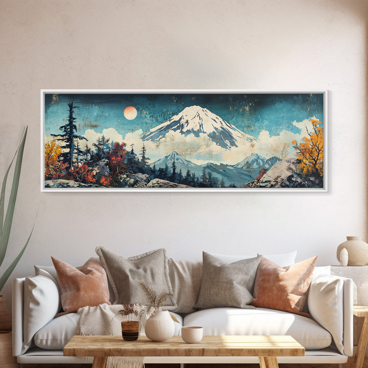Snowy Mount Fuji With Moonlit Forest Framed Canvas Print, Japanese Mountain Wall Art, Winter Landscape Living Room Decor