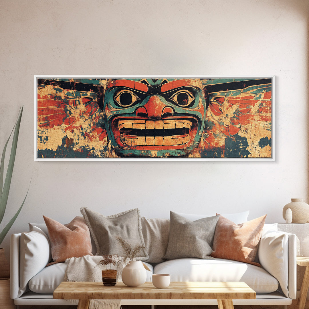 Bold Tribal Mask Framed Canvas Print, Indigenous Wall Art, Ethnic Home Decor, Pacific Northwest Style, Statement Artwork