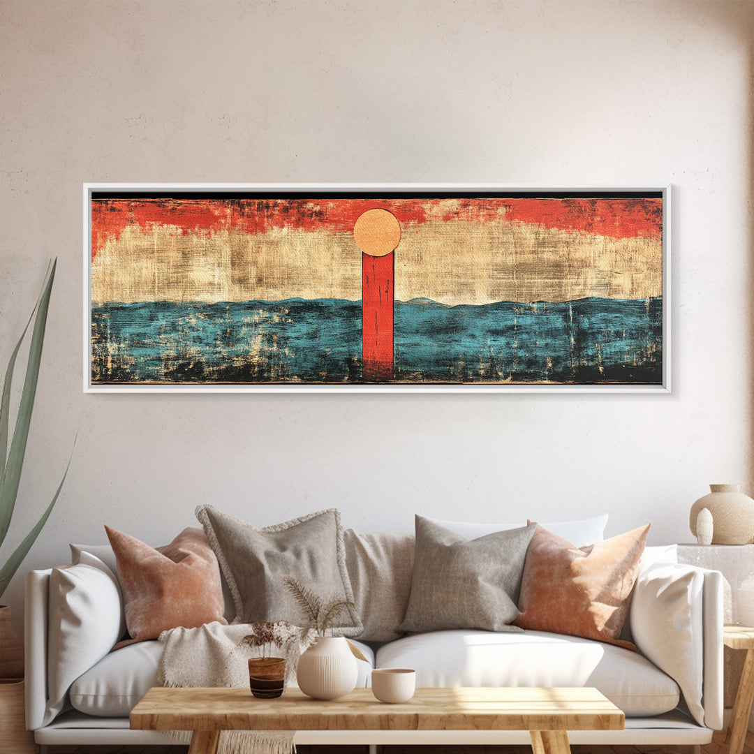 Minimal Red Sun Over Waves Canvas Print, Japanese Seascape Wall Art, Coastal Decor, Abstract Ocean Art, Japandi Home Decor