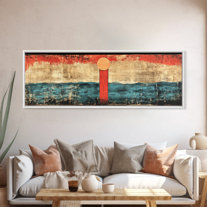 Minimal Red Sun Over Waves Canvas Print, Japanese Seascape Wall Art, Coastal Decor, Abstract Ocean Art, Japandi Home Decor