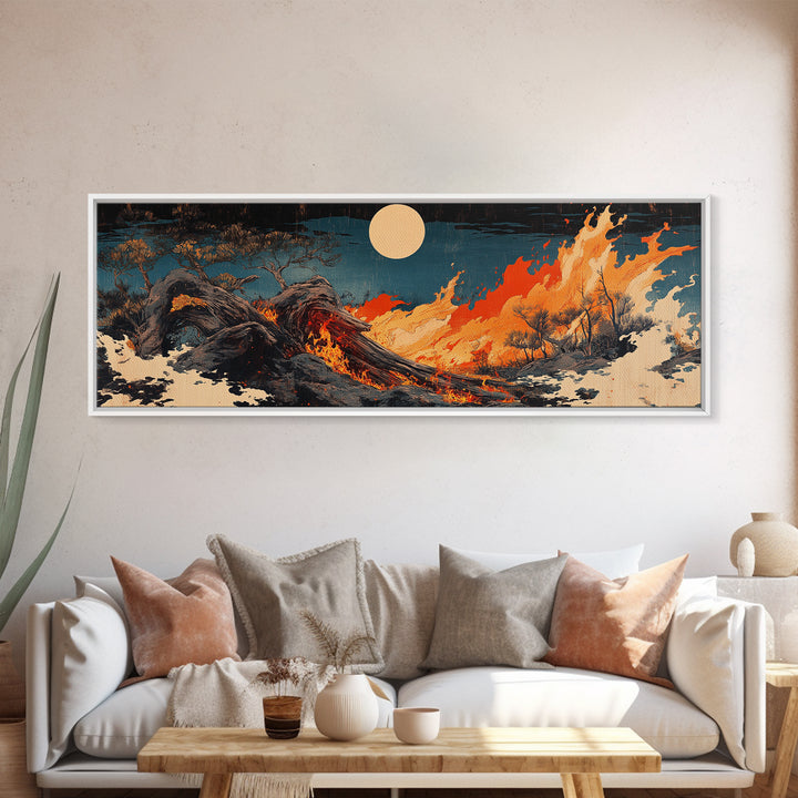 Fiery Dragon Wave Framed Canvas Print, Japanese Fantasy Wall Art, Dark Ocean Decor, Mythical Creature Art, Statement Artwork