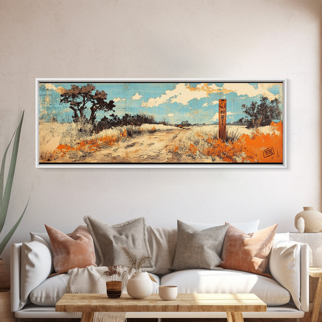 Sunlit Desert Path Canvas Print, Rustic Landscape Wall Art, Southwestern Decor, Orange Wildflower Art, Entryway Home Decor