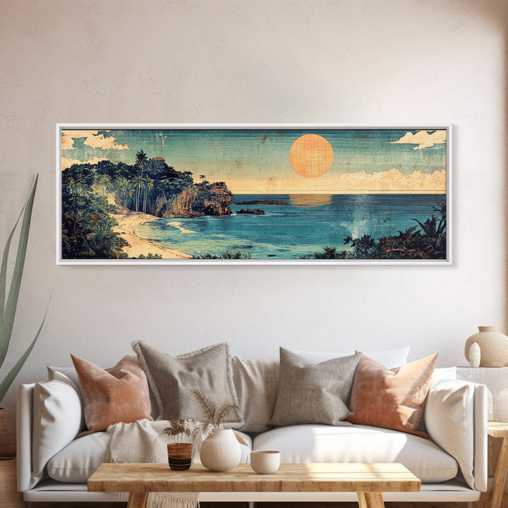 Tropical Ocean Cove Sunset Wall Art, Panoramic Coastal Canvas Print, Beach House Decor, Nautical Living Room Wall Art Print