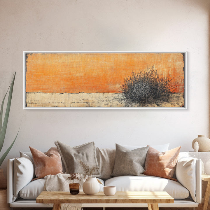 Minimal Desert Tumbleweed Orange Sky Wall Art, Neutral Landscape Canvas Print, Rustic Southwestern Decor, Calm Bedroom Art