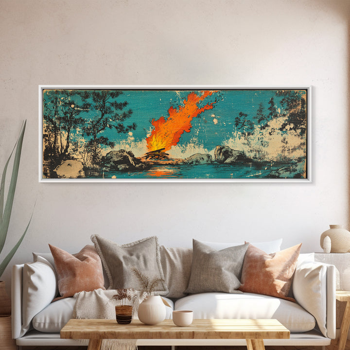 Campfire By River In Teal Forest Wall Art, Rustic Nature Canvas Print, Cozy Cabin Decor, Outdoor Adventure Wall Decor, Living Room Art