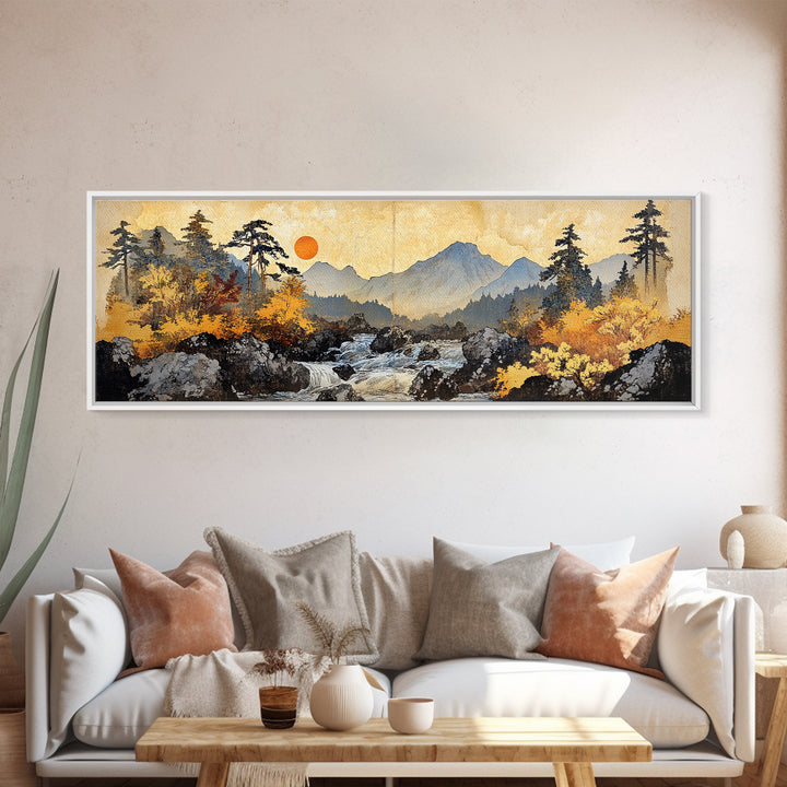 Autumn Mountain River Sunrise Wall Art, Panoramic Landscape Canvas Print, Rustic Cabin Decor, Large Nature Living Room Art