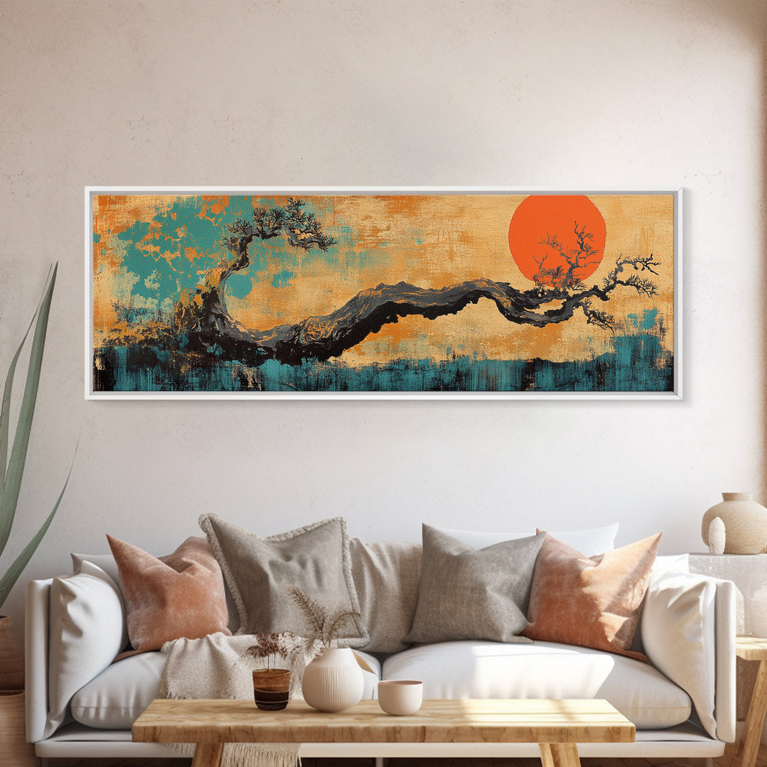 Twisted Bonsai Tree With Red Sun Wall Art, Japanese Landscape Canvas Print, Japandi Asian Decor For Modern Living Room Home Decor
