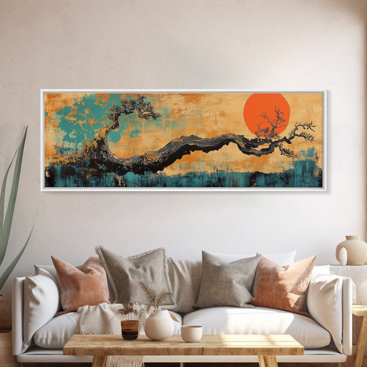 Twisted Bonsai Tree With Red Sun Wall Art, Japanese Landscape Canvas Print, Japandi Asian Decor For Modern Living Room Home Decor