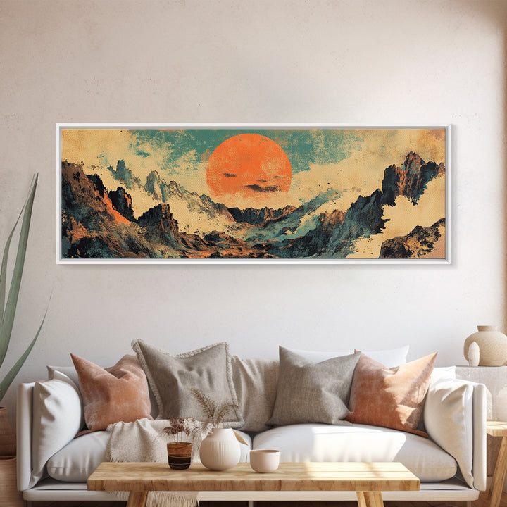 Abstract Mountain Valley With Orange Sun Wall Art, Modern Landscape Canvas Print, Japandi Earth Tone Living Room Home Decor