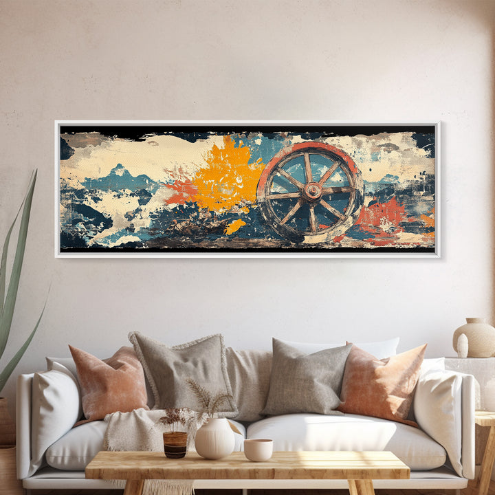 Rustic Wagon Wheel Against Painted Sky Wall Art, Western Canvas Print, Farmhouse Country Decor For Living Room Home Decor