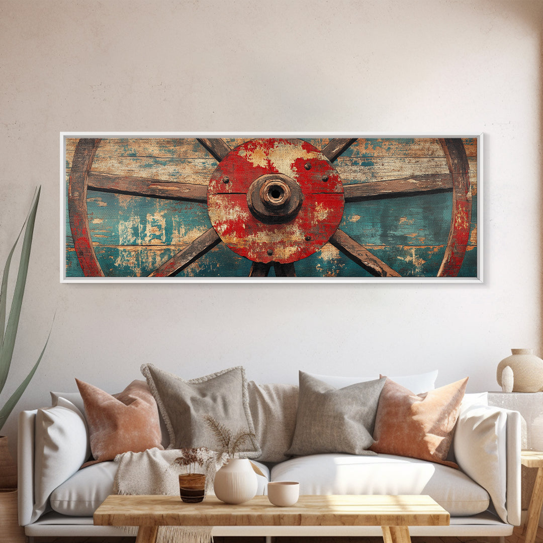 Weathered Wagon Wheel On Turquoise Wood Wall Art, Rustic Western Framed Canvas Print, Farmhouse Decor For Man Cave Home Bar Decor