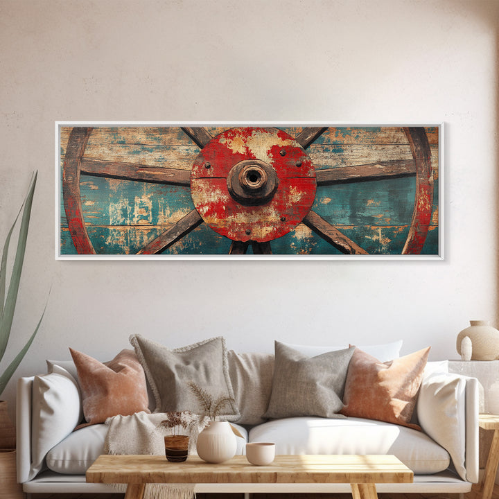 Weathered Wagon Wheel On Turquoise Wood Wall Art, Rustic Western Framed Canvas Print, Farmhouse Decor For Man Cave Home Bar Decor