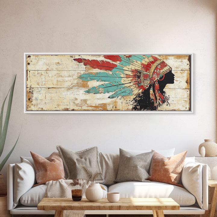 Native American Headdress Silhouette Wall Art, Western Tribal Canvas Print, Rustic Indigenous Decor For Living Room Home Decor