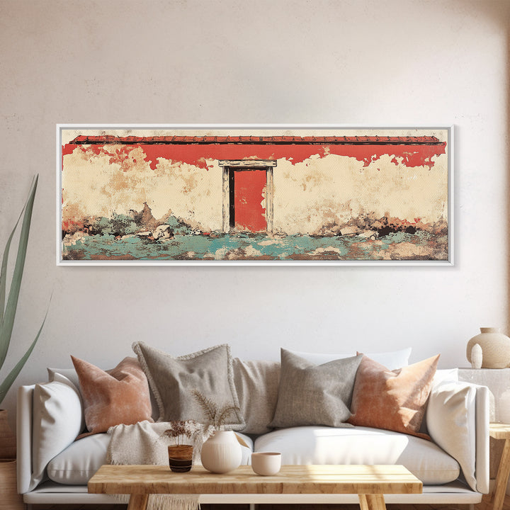 Weathered Red Door Adobe Facade Wall Art, Rustic Southwestern Canvas Print, Farmhouse Entryway Decor, Long Horizontal Art