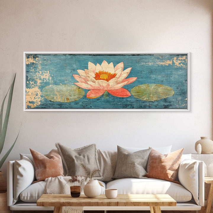 Pink Lotus Flower On Blue Pond Wall Art, Japanese Water Lily Canvas Print, Zen Bathroom Decor, Botanical Coastal Home Decor