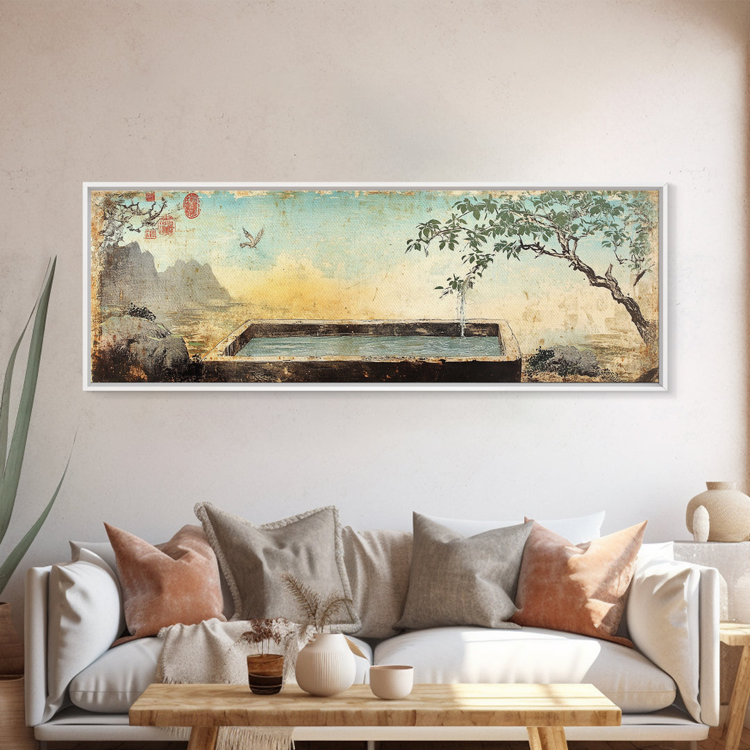 Stone Garden Fountain With Tree Wall Art, Japandi Courtyard Canvas Print, Zen Spa Decor, Asian Inspired Landscape Wall Decor