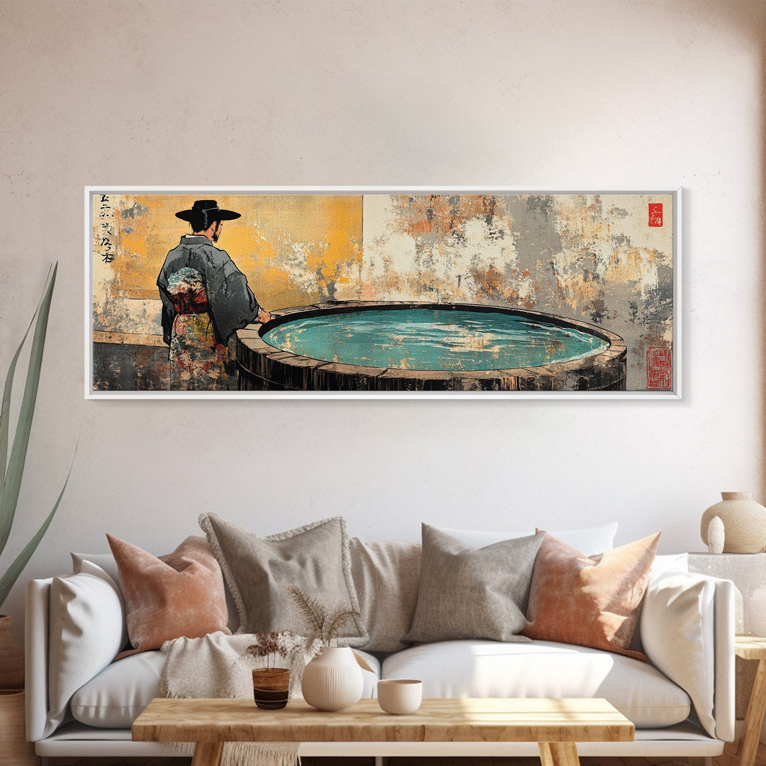 Kimono Figure Beside Round Pool Wall Art, Japanese Onsen Canvas Print, Wabi Sabi Spa Decor, Asian Bathroom Wall Decor Print