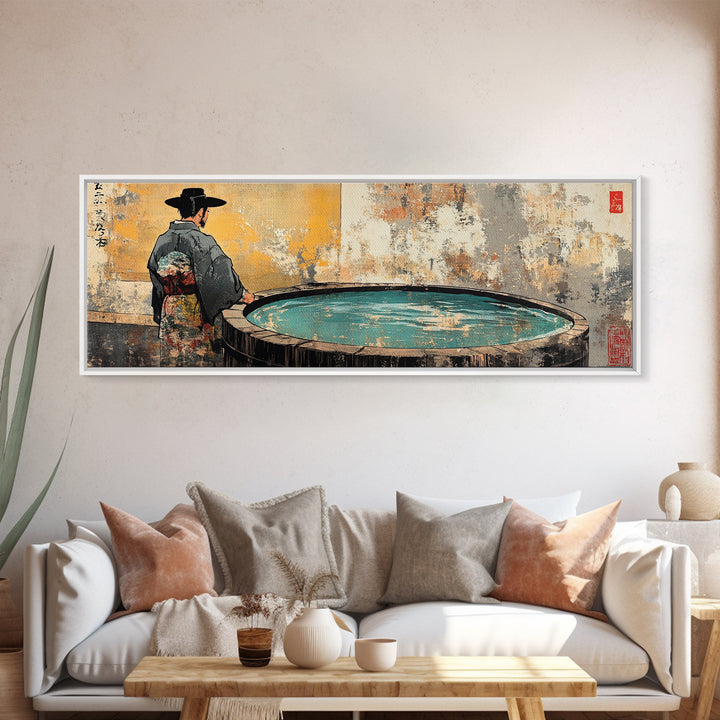 Kimono Figure Beside Round Pool Wall Art, Japanese Onsen Canvas Print, Wabi Sabi Spa Decor, Asian Bathroom Wall Decor Print